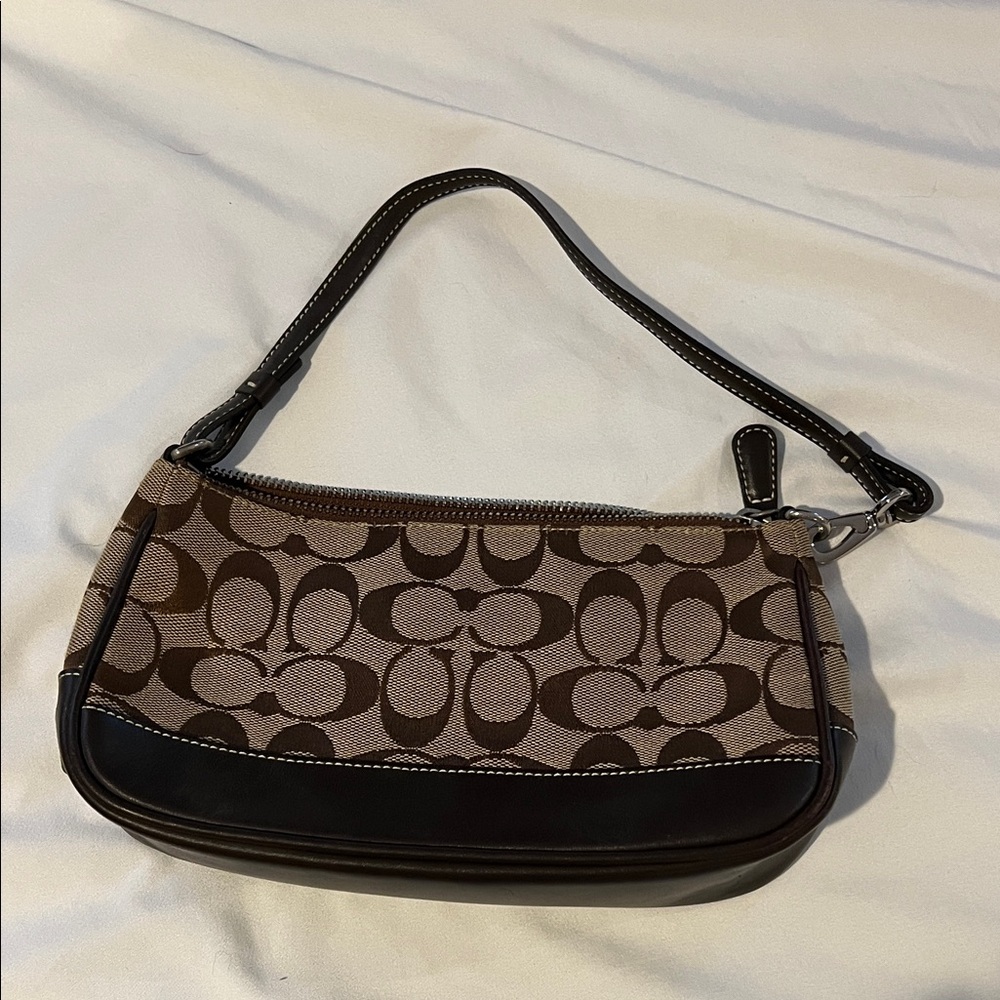Coach Brown Signature Mini Shoulder Bag with Dark Leather Trim